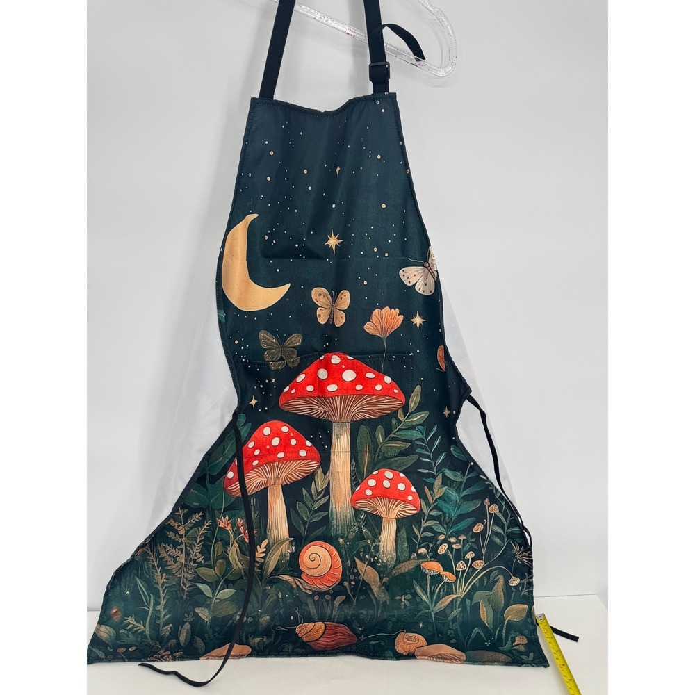 Mushroom Celestial Forest Apron Green Red Cottagecore Whimsical Kitchen Bib